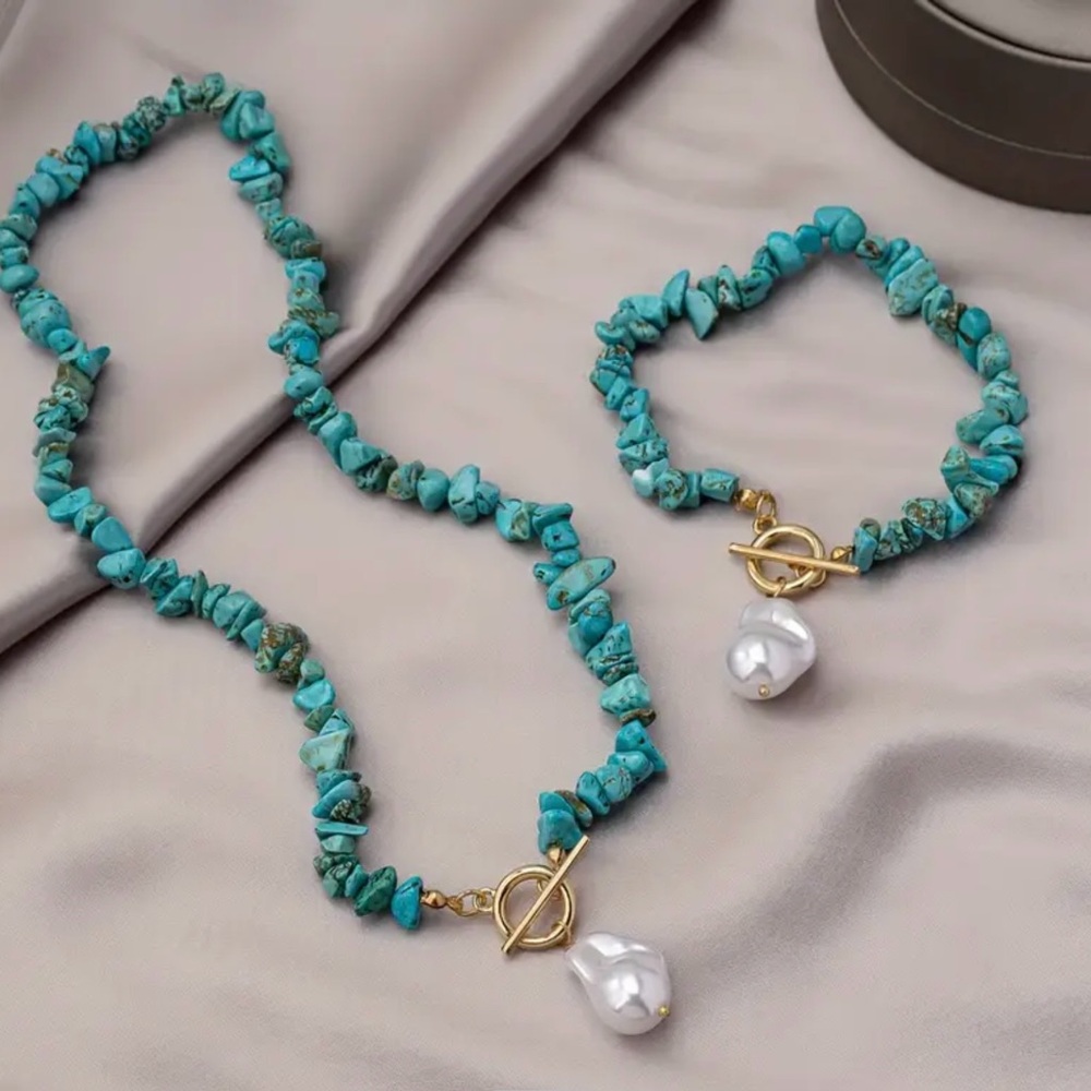 Turquoise and Gold Jewelry Set with Pearl Accents - Picture 3 of 9